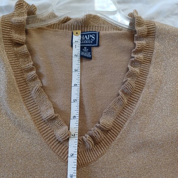 Chaps Classics Gold Metallic Pullover Sweater Ruffled V-Neck, Womens Size Medium - Picture 13 of 15